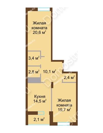 2 комнатная квартира 75,6 м² в ЖК Монолит, дом № 89, корп. 1, 2