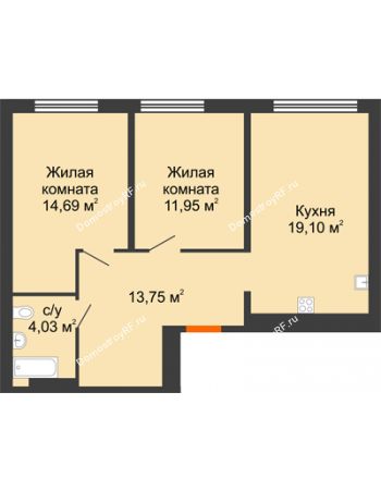 2 комнатная квартира 63,52 м² в ЖК Тесла Парк, дом ГП-2