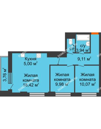 3 комнатная квартира 59,43 м² - ЖК Каскад на Путейской
