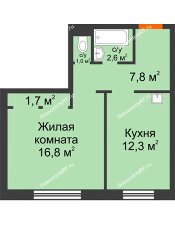 1 комнатная квартира 42,2 м² в ЖК Курчатова, дом № 10.1