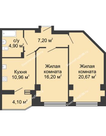 2 комнатная квартира 61,98 м² в ЖК Мега, дом № 1