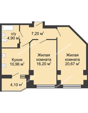 2 комнатная квартира 61,98 м² в ЖК Мега, дом № 116, секция 1