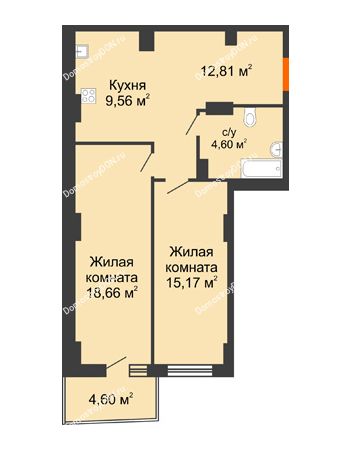 2 комнатная квартира 62,12 м² в ЖК Сердце Ростова 2, дом Литер 8
