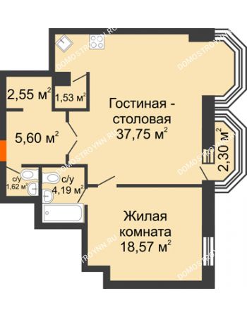 2 комнатная квартира 72,75 м² - ЖК Дом на Гребешке