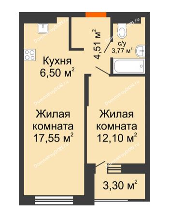 2 комнатная квартира 46,08 м² - ЖК ПАРК