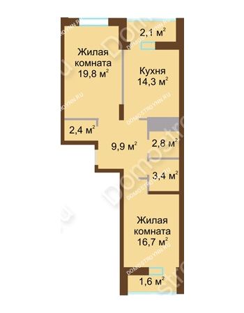 2 комнатная квартира 73 м² в ЖК Монолит, дом № 89, корп. 1, 2