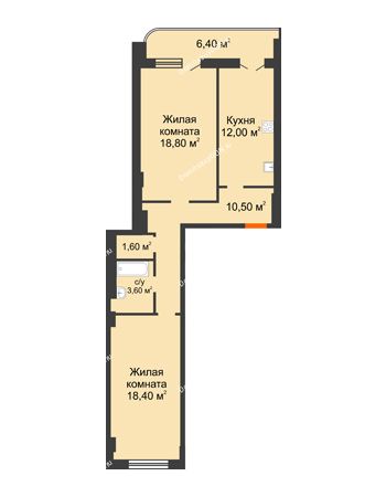 2 комнатная квартира 71,3 м² в ЖК Парк Островского 2, дом № 2