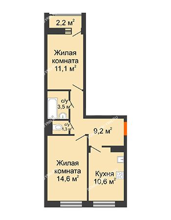 2 комнатная квартира 51,4 м² в ЖК Октава, дом № 7