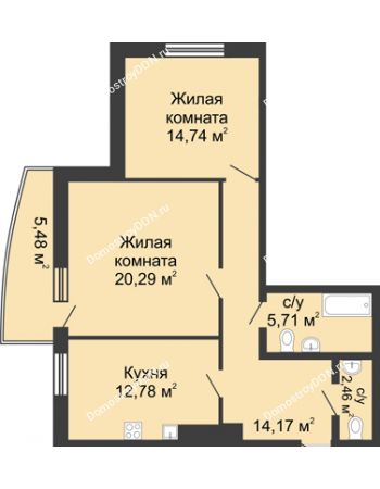 2 комнатная квартира 75,63 м² в ЖК Тихий Дон, дом № 2