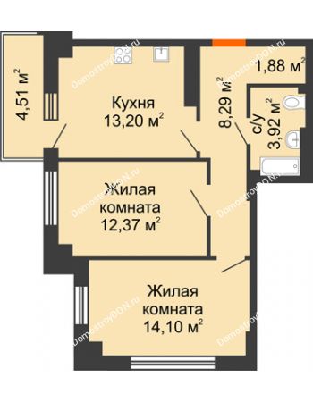 2 комнатная квартира 55,11 м² в ЖК Аврора, дом № 3