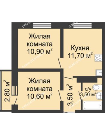 2 комнатная квартира 41,04 м² в ЖК Корабли, дом № 11