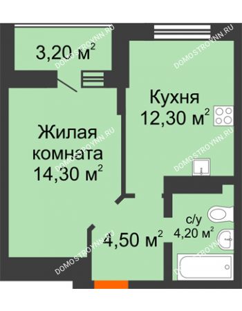 1 комнатная квартира 38,5 м² в ЖК Подкова на Цветочной, дом № 9