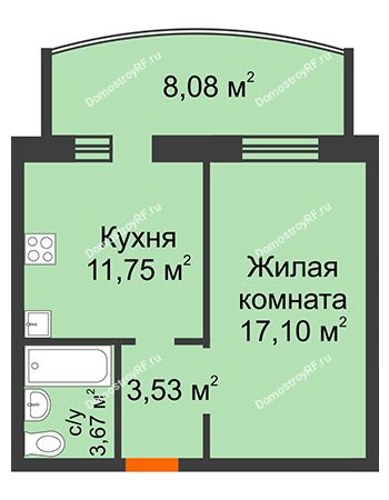 1 комнатная квартира 44,13 м² в ЖК Троицкий, дом № 1