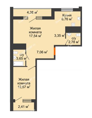 2 комнатная квартира 57,11 м² в ЖК Зеленодар, дом Литер 1