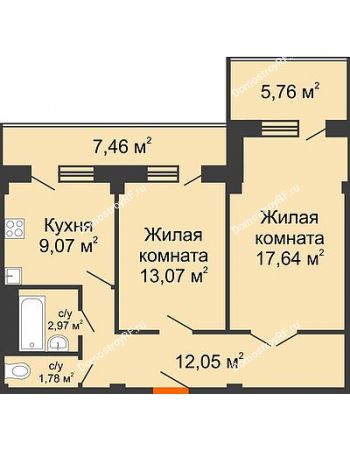 2 комнатная квартира 63,19 м² в ЖК Парковый, дом 6 позиция, блок-секция 3