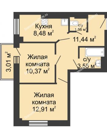 2 комнатная квартира 49,84 м² в ЖК Северные высотки, дом № 2