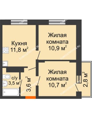 2 комнатная квартира 41,34 м² в ЖК Корабли, дом № 54
