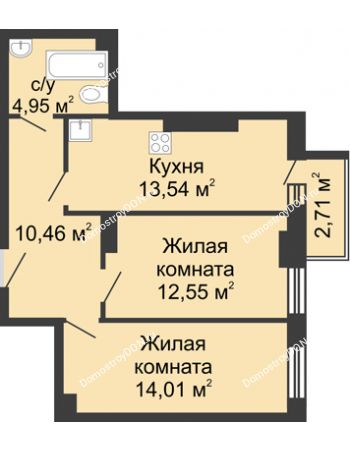 2 комнатная квартира 56,62 м² в ЖК Северные высотки, дом № 2