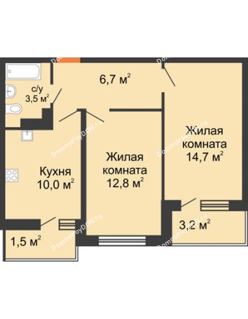 2 комнатная квартира 50,4 м² в ЖК SkyPark (Скайпарк), дом Литер 1, корпус 2, 1 этап