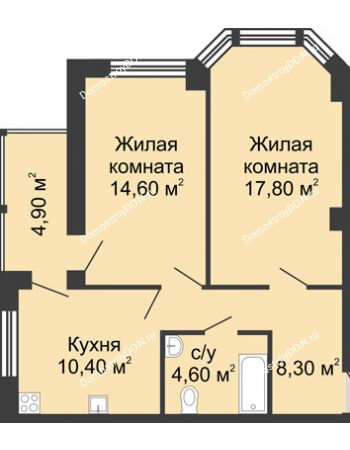 2 комнатная квартира 60,6 м² в ЖК Мега, дом № 118, секция 2