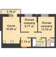 2 комнатная квартира 56,17 м² в ЖК Романтики, дом Париж - планировка