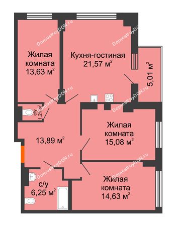4 комнатная квартира 89,27 м² в ЖК Аврора, дом № 1