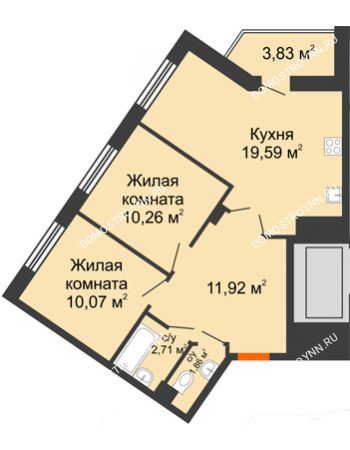 2 комнатная квартира 60,24 м² - ЖК Пушкин