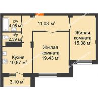 2 комнатная квартира 64,67 м² в ЖК Облака, дом № 2 - планировка