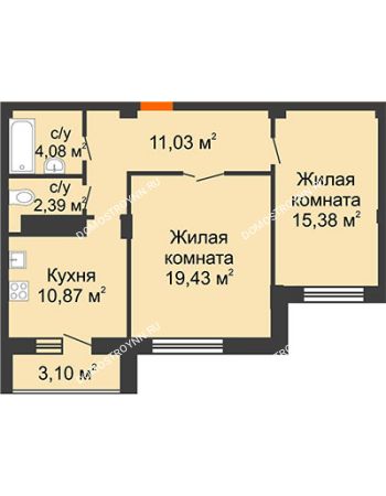 2 комнатная квартира 64,57 м² в ЖК Облака, дом № 2