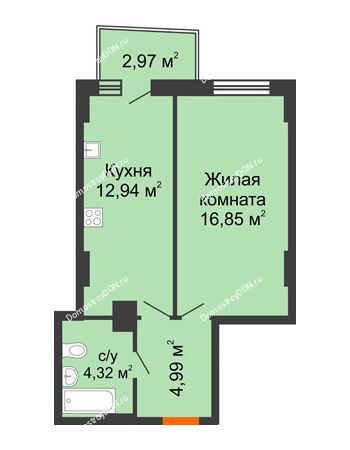 1 комнатная квартира 39,62 м² в ЖК Сердце Ростова 2, дом Литер 8