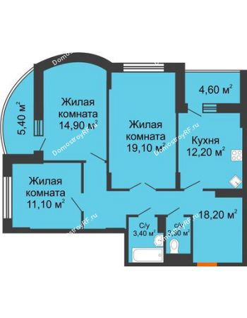 3 комнатная квартира 86,2 м² в ЖК Высота, дом 4 позиция