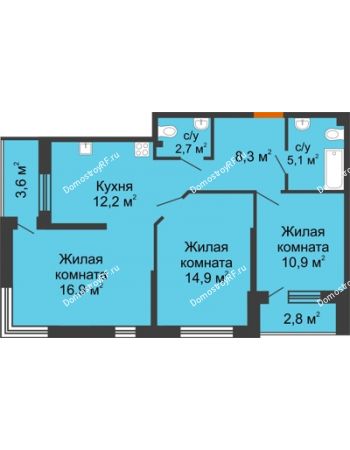 3 комнатная квартира 74,2 м² в ЖК Самолет, дом 4 очередь - Литер 22