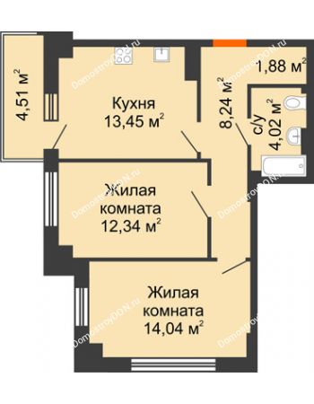 2 комнатная квартира 55,32 м² в ЖК Аврора, дом № 3