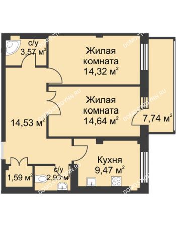 2 комнатная квартира 66,5 м² в ЖК Премиум, дом №1