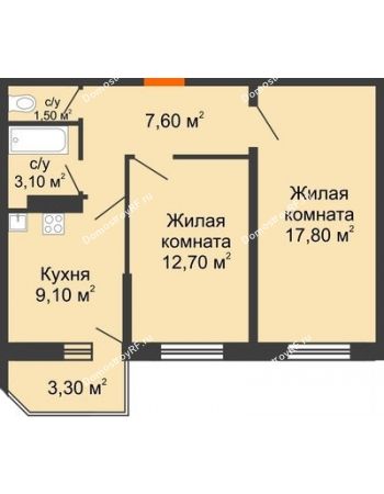2 комнатная квартира 52,8 м² в ЖК Олимпийский, дом Литер 1