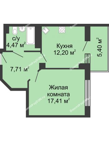 1 комнатная квартира 43,41 м² в ЖК Мега, дом № 116, секция 2