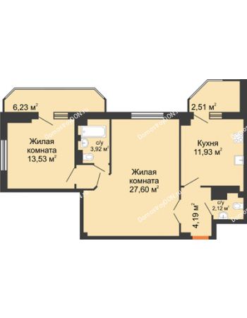2 комнатная квартира 75,58 м² - ЖК Гармония