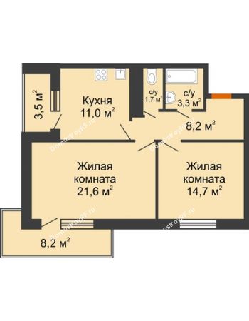2 комнатная квартира 60,5 м² в ЖК GRAFF HOUSE (ЖК ГРАФ ХАУС), дом Секция 1А