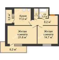 2 комнатная квартира 60,5 м² в ЖК GRAFF HOUSE (ЖК ГРАФ ХАУС), дом Секция 1А - планировка