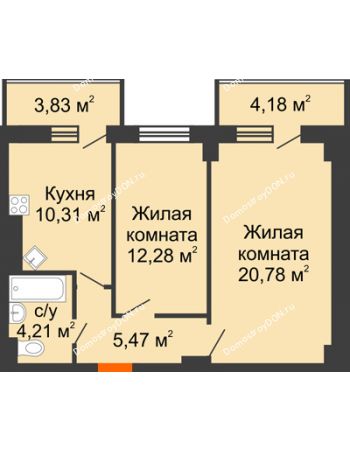 2 комнатная квартира 61,06 м² в ЖК Горизонт, дом № 2
