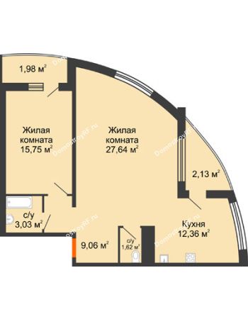 2 комнатная квартира 62,33 м² в ЖК Фамилия, дом Литер 1