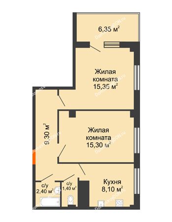 2 комнатная квартира 53,75 м² в ЖК Грин Парк, дом Литер 1
