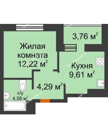 1 комнатная квартира 32,58 м² в ЖК Светлоград, дом Литер 16