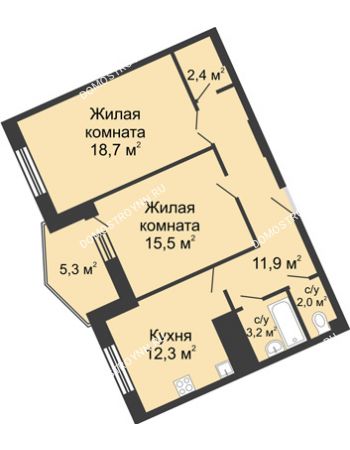 2 комнатная квартира 71,7 м² в ЖК Монолит, дом № 89, корп. 3