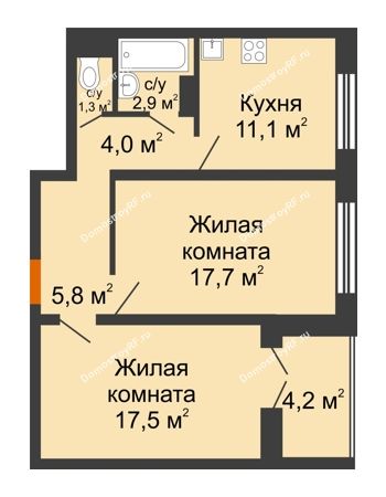 2 комнатная квартира 62,6 м² в ЖК Лазурный, дом позиция 30