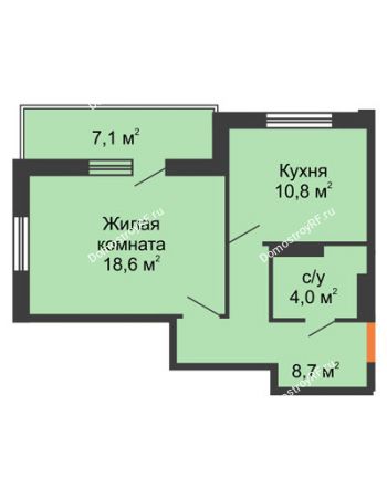 1 комнатная квартира 45,7 м² - ЖД На Комсомольском