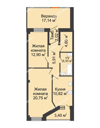 2 комнатная квартира 81,17 м² в ЖК Дом на Провиантской, дом № 12