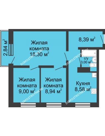 3 комнатная квартира 57,06 м² в ЖК Корабли, дом № 6