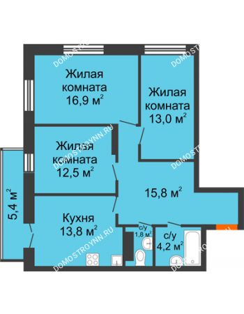 3 комнатная квартира 79,62 м² в ЖК Заречье, дом № 1, секция 2