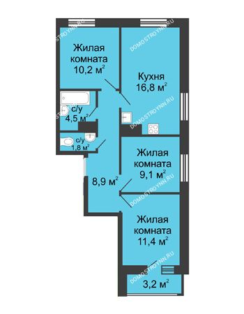 3 комнатная квартира 63,3 м² в ЖК Цветы, дом № 10